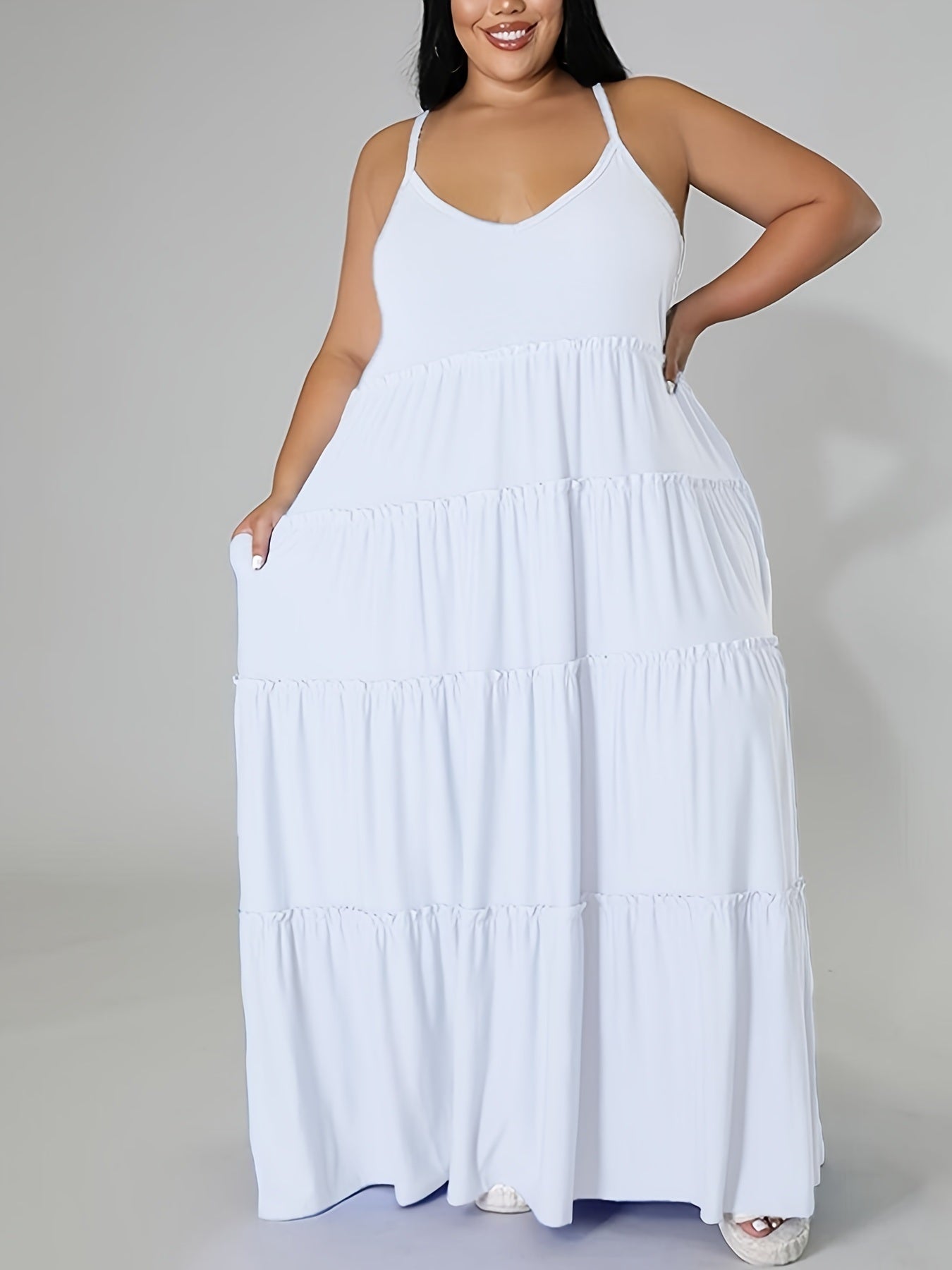 Plus Size Solid Layered Loose Fit Cami Maxi Dress; Women's Plus Sexy High Stretch Long Cami Dress