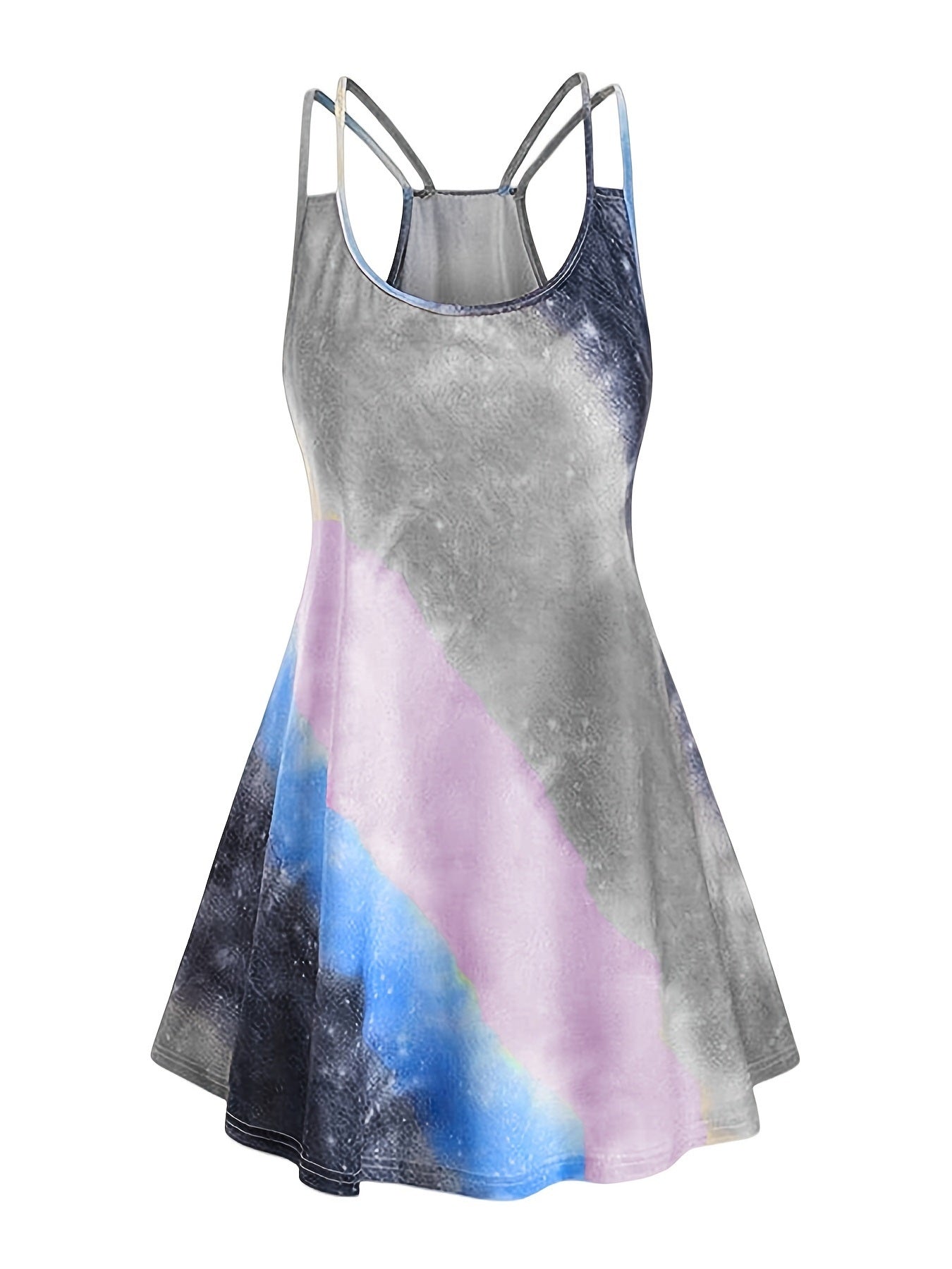 Plus Size Colorblock Tie Dye Cut Out Strap Cami Mini Dress; Women's Plus Medium Stretch Casual Dress