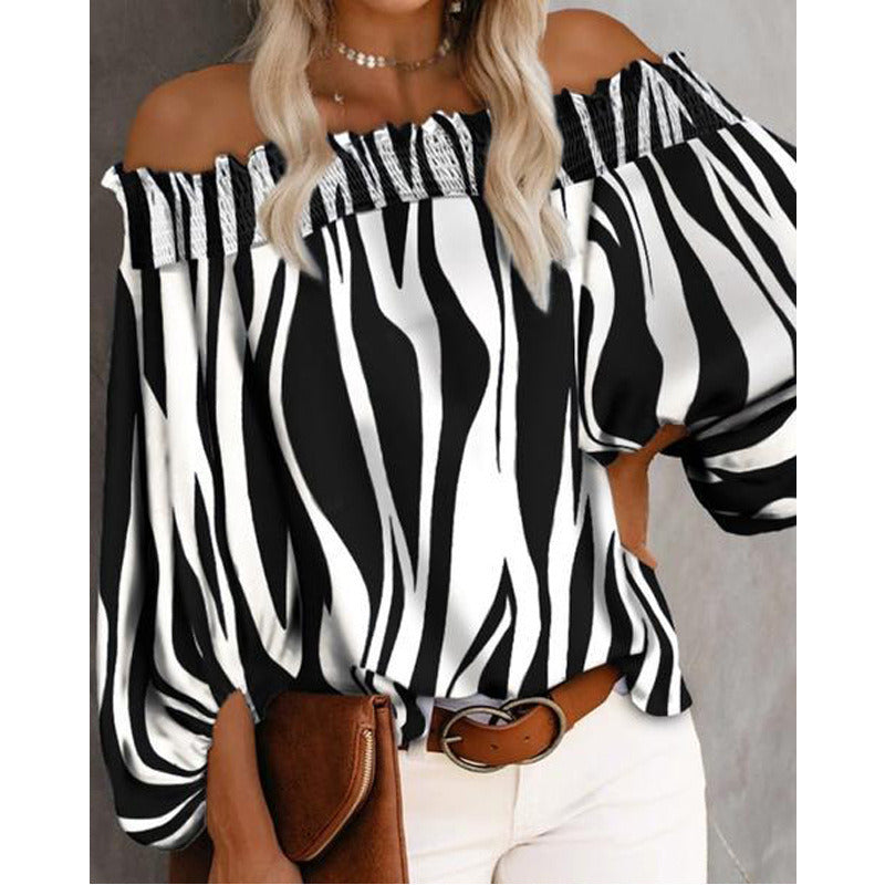 Sexy Off Shoulder Stripe Print Chiffon Shirt Women Fashion One Neck Lantern Long Sleeve Pullover Tops Street Vintage Lady Blouse