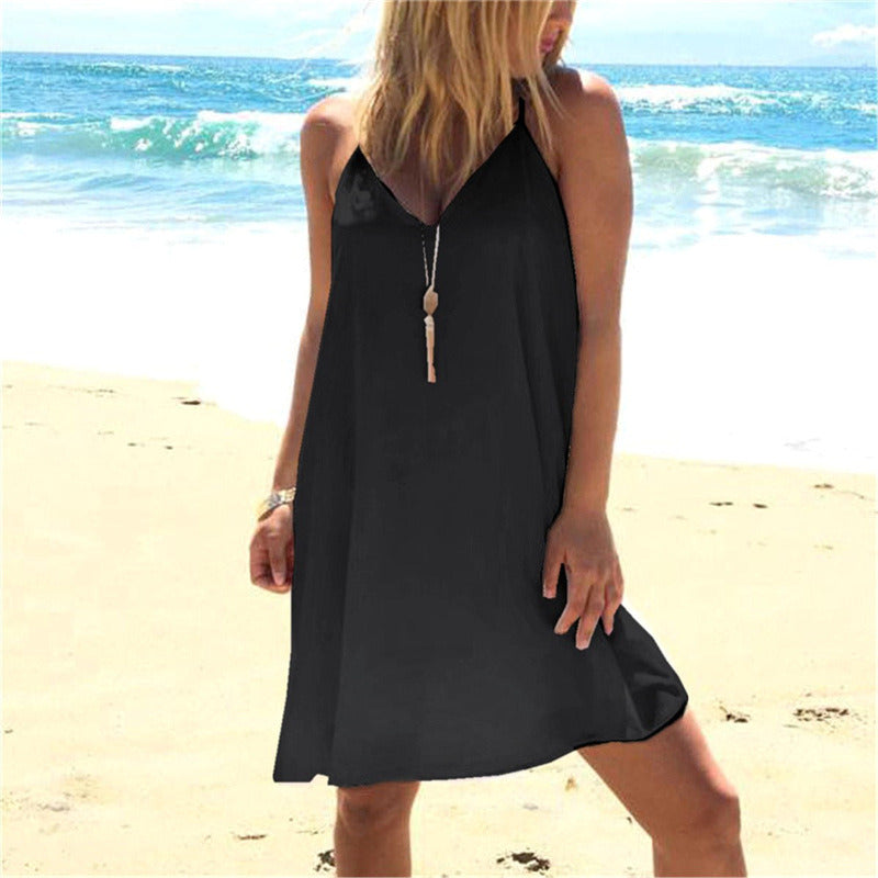 Summer Hot Sale Solid Color Sling Big Swing Women's Dress