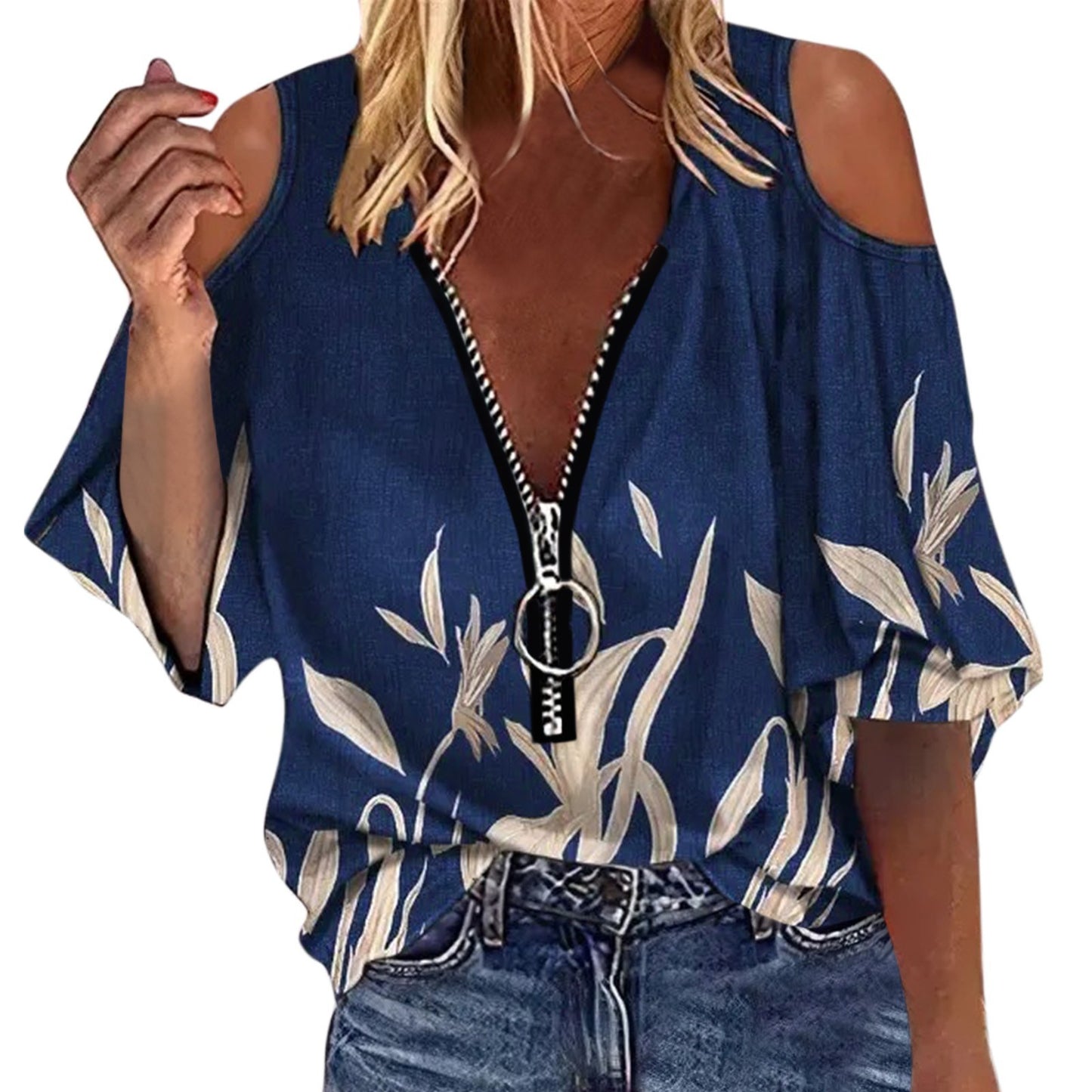 Elegant Off Shoulder Shirt Blouse Women Casual Letter Print V Neck Zipper Tops Patchwork Loose Shirt Top Long Sleeve Blouse