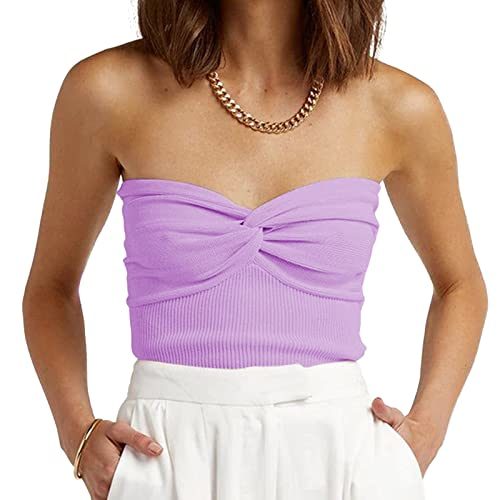 Womens Strapless Crop Top Sexy Sweetheart Neck Ribbed Knit Twisted Knot Front Sleeveless CamisoleTanks Top