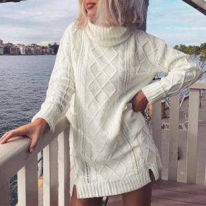 Women Winter Sweater Knit Turtleneck Warm Long Sleeve Pocket Mini Dress