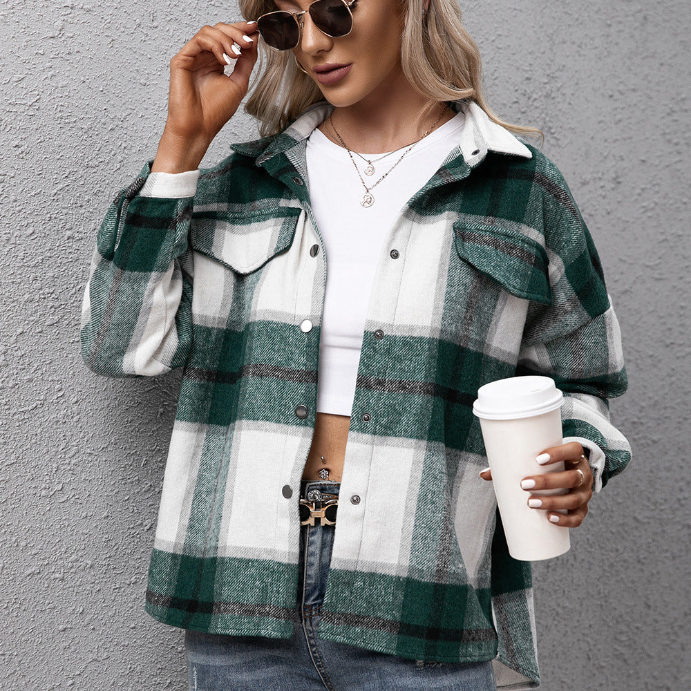 Women's Thick Cashmere Long-sleeved Plaid Top Loose Casual Shirt Plush Plaid Jacket