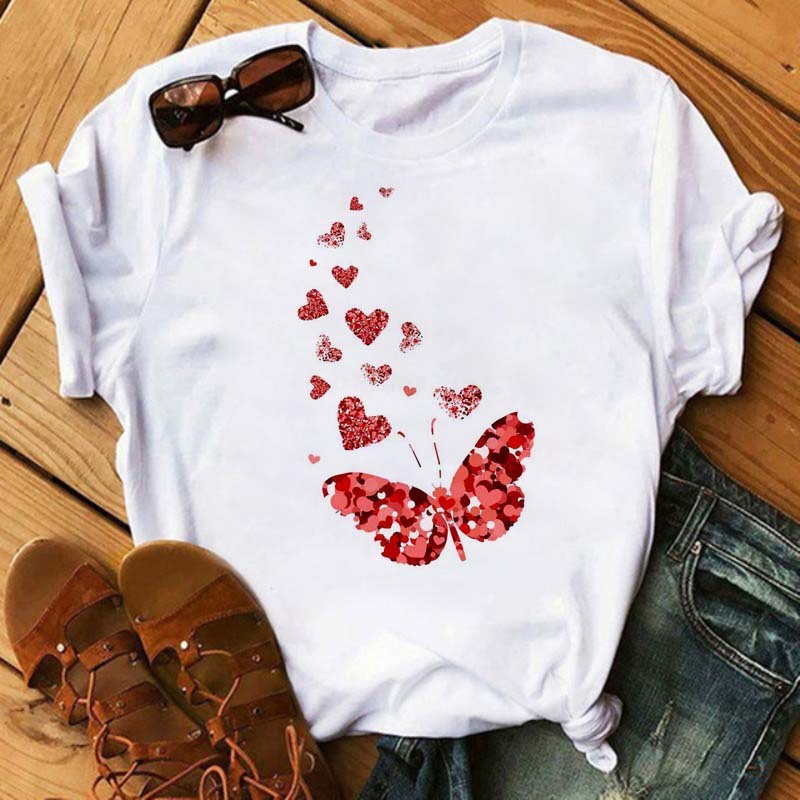 Watercolor Butterfly Heart Printed T Shirt New Women T-Shirt Harajuku Cute Graphic Tee Shirt Ladies Casual Female Tops Tee