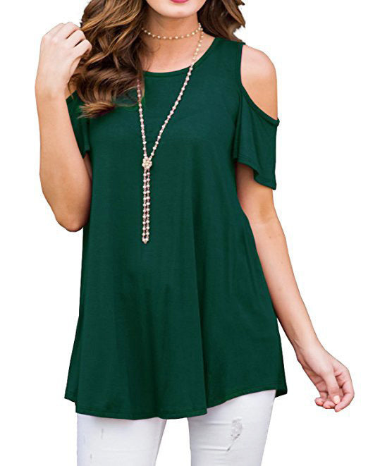 Summer Women's Shirt Round Neck Off Shoulder Short Sleeved Loose Casual T-shirt