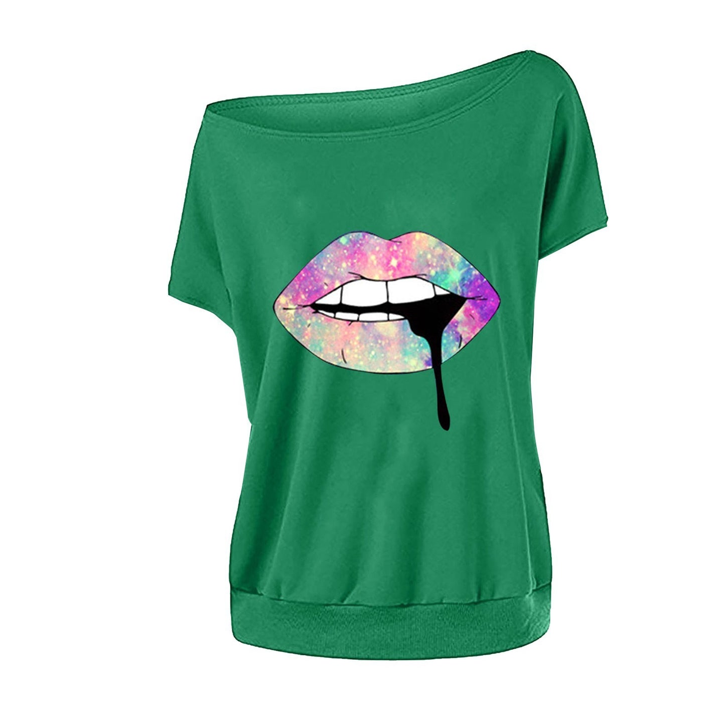 Fashion women's lips printed T-shirt strapless sexy short-sleeved T-shirt tops