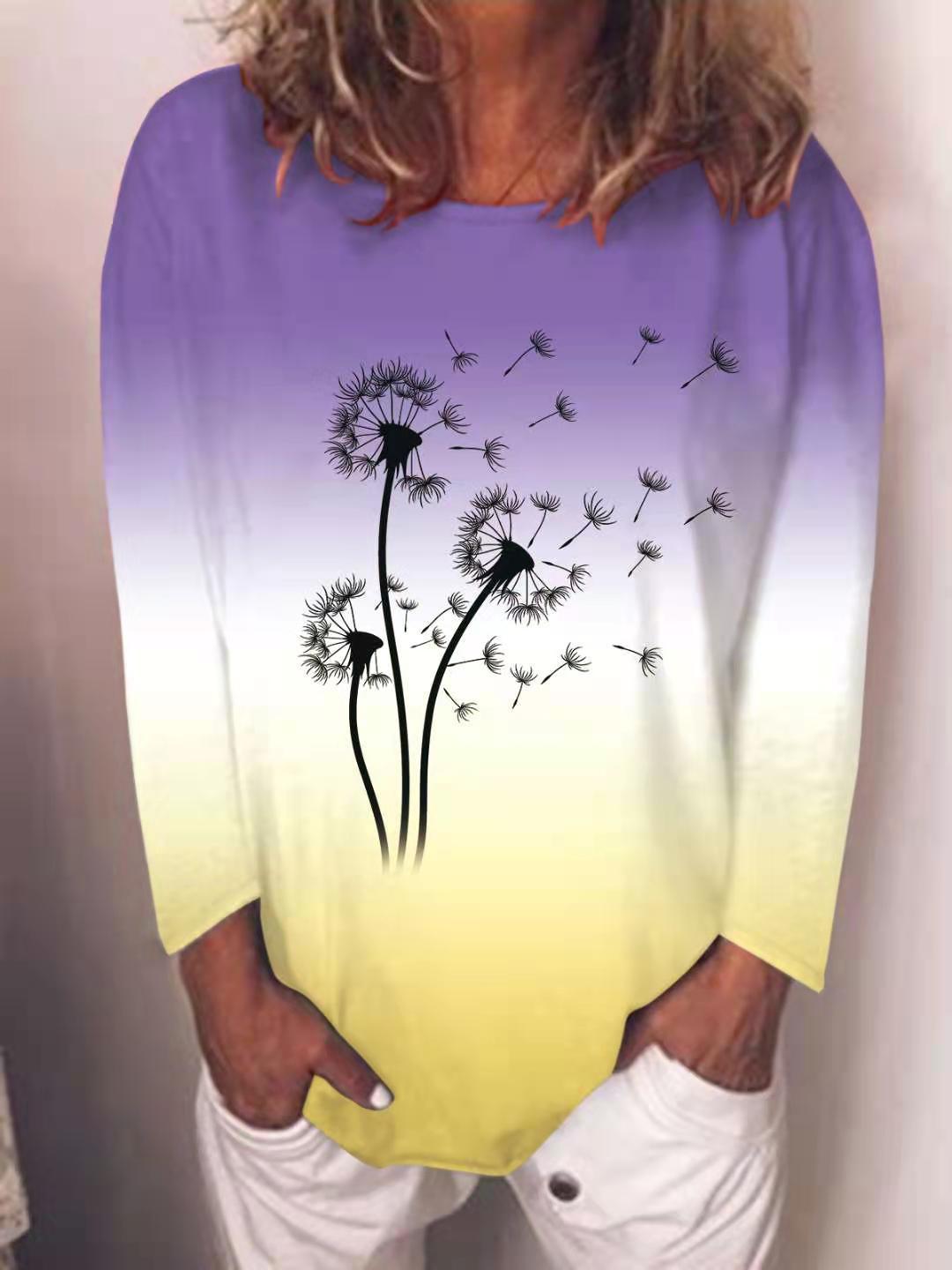 Autumn Women's New Product Tops, Novel Dandelion Pattern Gradient Printed Long Sleeve Top