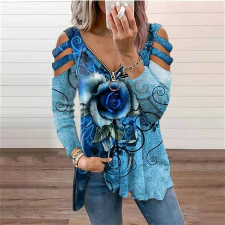 Women's New Style V-neck Zipper Rose Flower Print Casual T-shirt Top