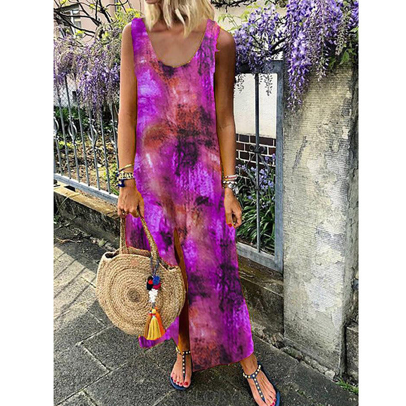 Summer New Women's Sleeveless Printed Bohemian Long Split Dress