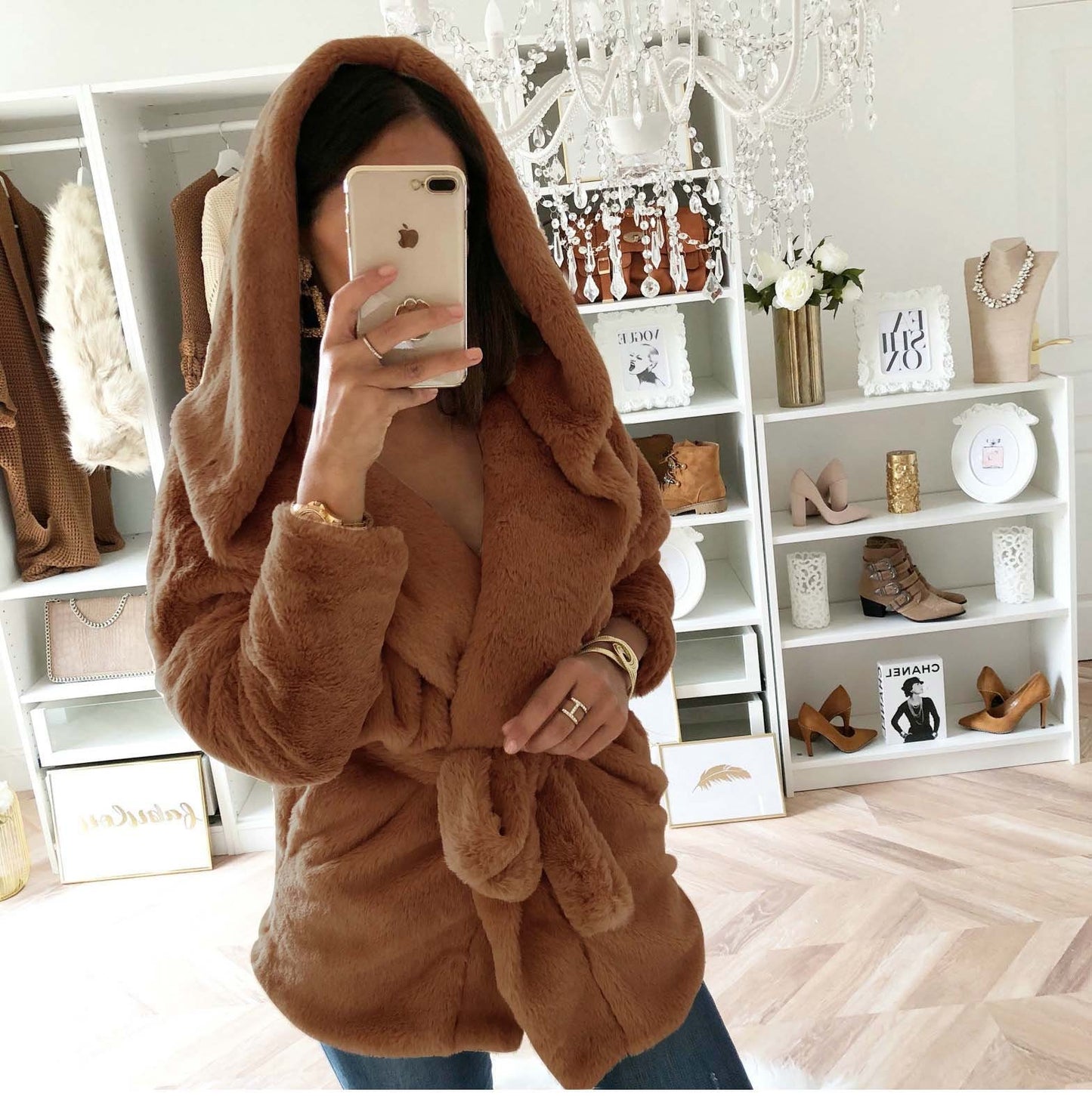 Autumn and winter coat sexy hooded plush slim waist coat