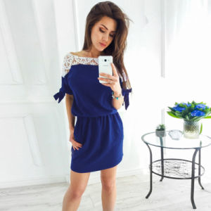 Europe and the United States new women's sexy word collar lace stitching waist dress