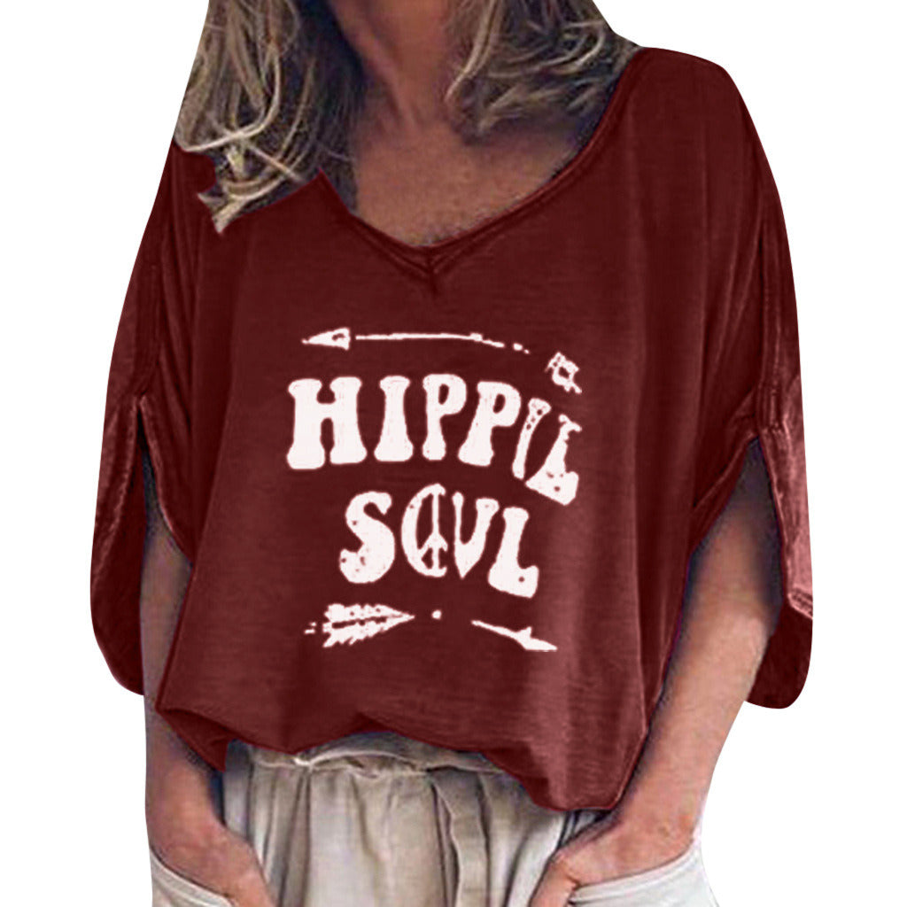 Fashion Autumn Sleeves Sleeves V-neck Print Loose Women's T-shirt