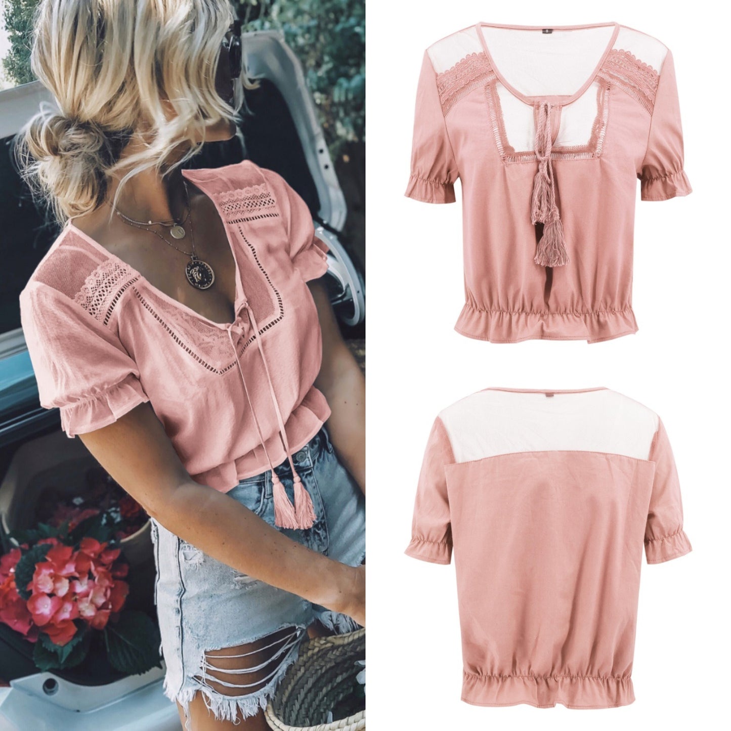 Spring and Summer New Women's Lace Shirt V-neck Tassel Waist Short Crop Top