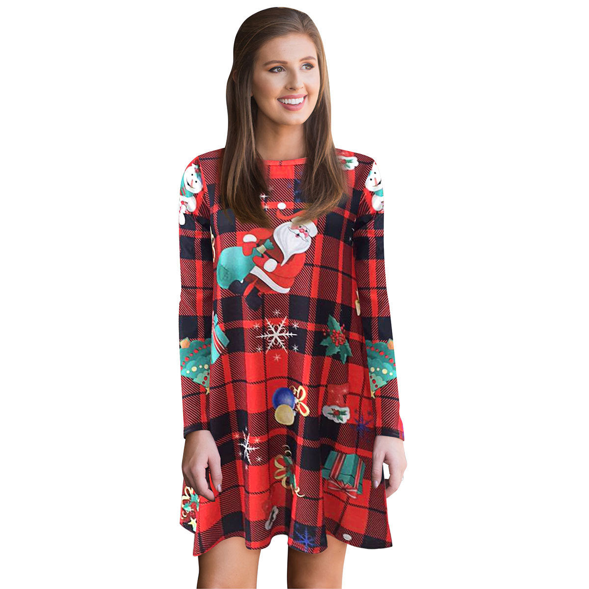 autumn and winter new European and American Christmas dress snowman print long sleeve big swing skirt