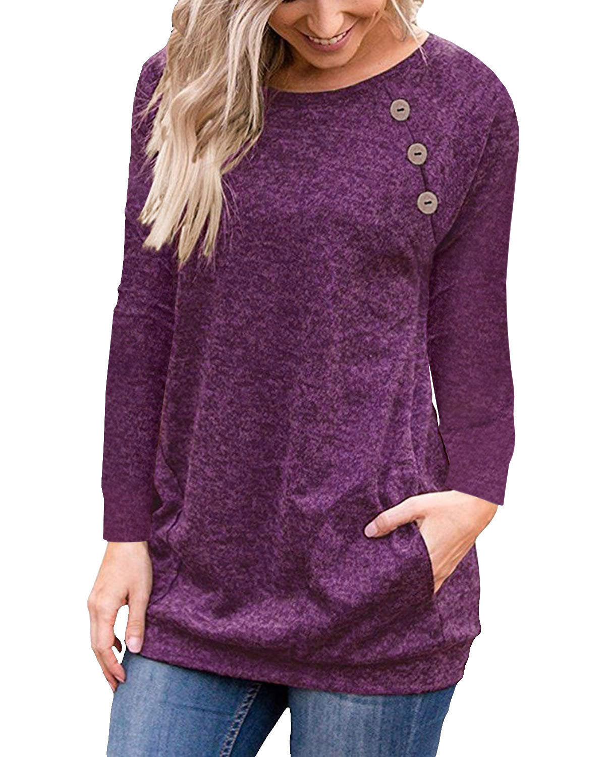 Women's Round Neck Long Sleeve Top Button Stitching Shirt With Pocket