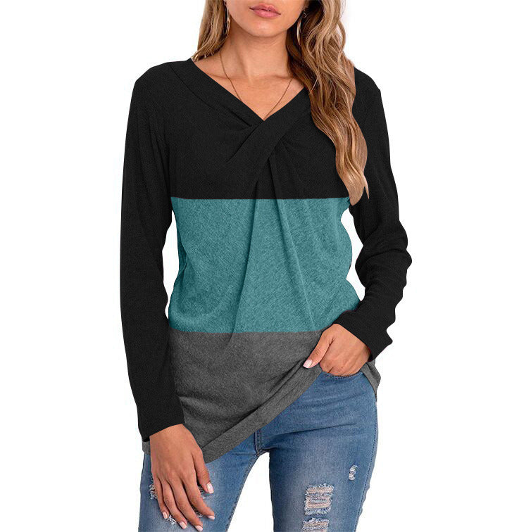 Autumn and Winter New Women's V-neck Long-sleeved Stitching T-shirt Tops Women's Bottoming Shirt