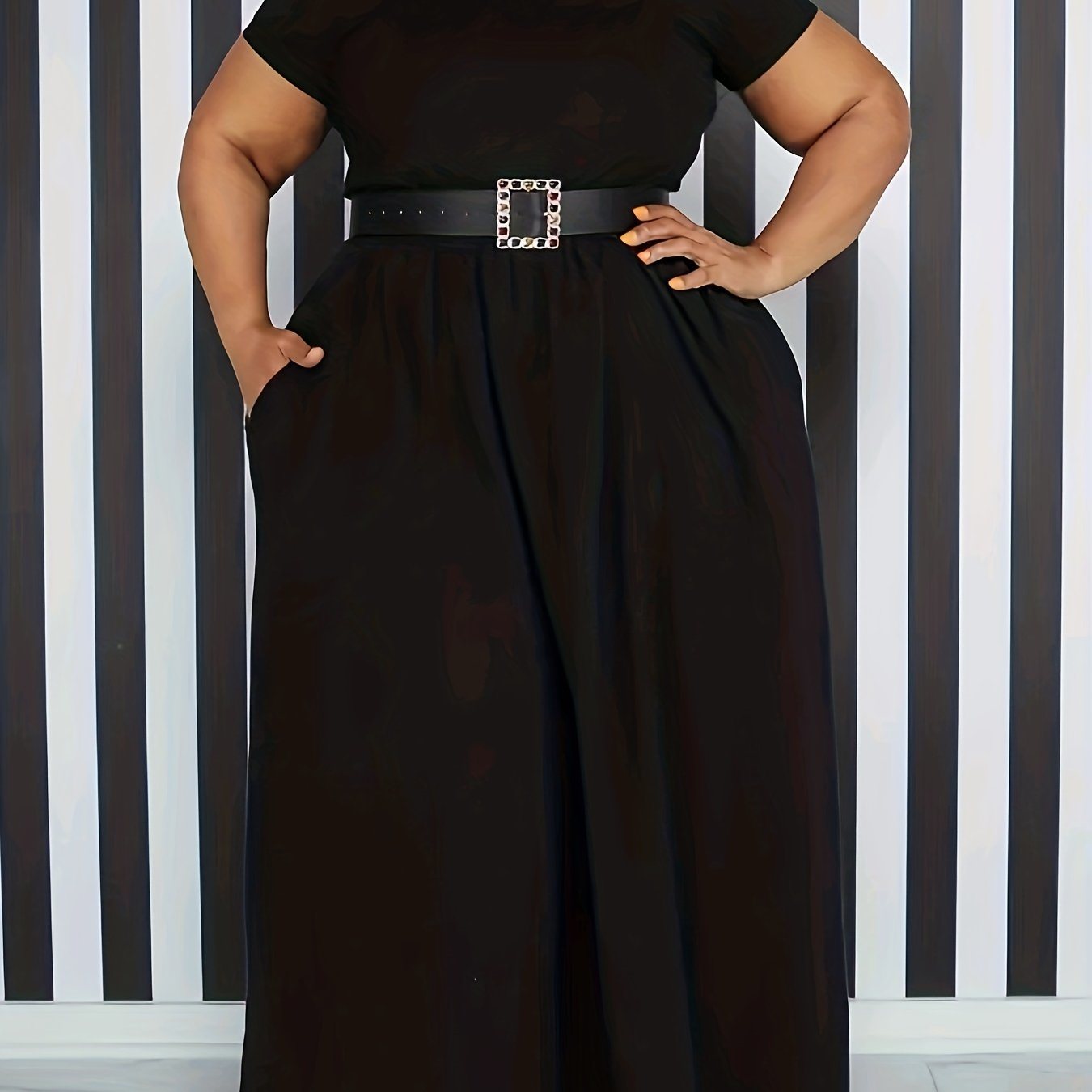 Plus Size Solid Short Sleeve Maxi Dress; Women's Plus Medium Stretch Elegant Long Dress