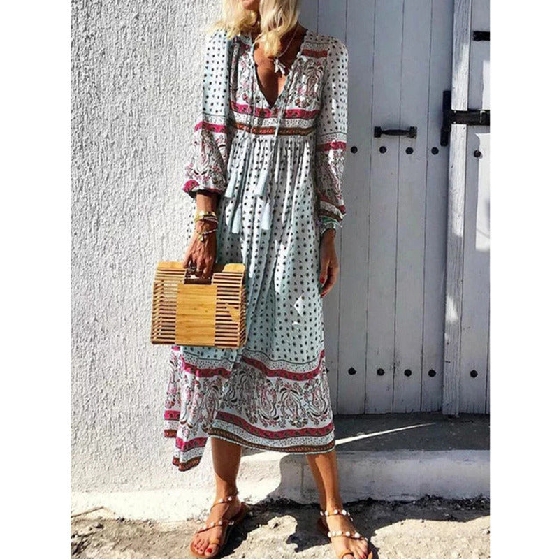 Summer New European and American Style Women's Deep V Printed Long-sleeved Dress