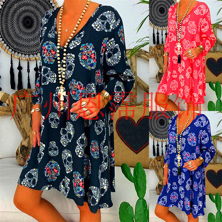 Large size women's loose fashion retro print deep V-neck dress