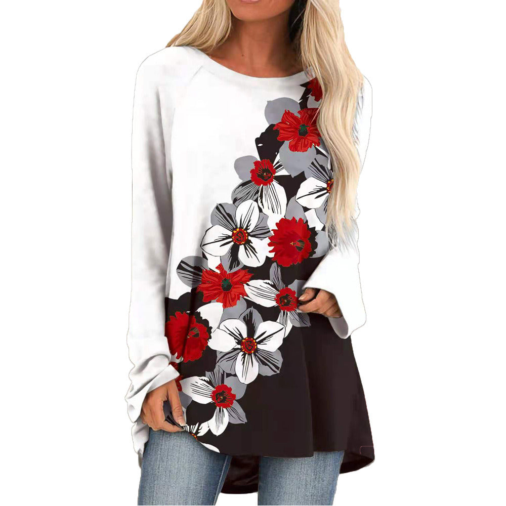 Women's New Product Shirt Imitation Cotton Fashion Print Long Long Sleeve T-shirt