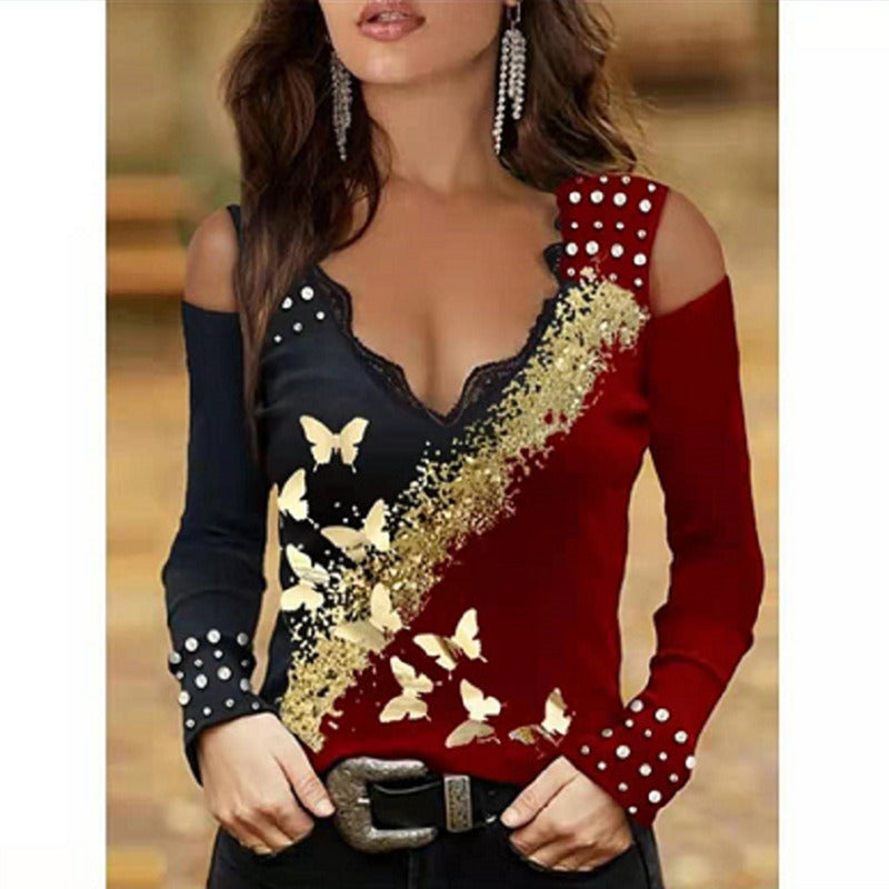 Ladies Top Lace Collar Off Shoulder Gold Butterfly Print Long Sleeve T-Shirt