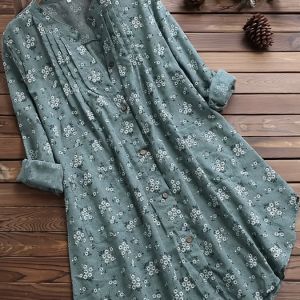 Plus Size Cotton Floral Print Long Sleeve Midi Dress; Women's Plus Casual Button Front Dress