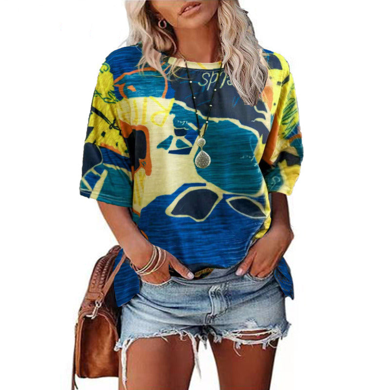 Autumn new women's tops round neck printing loose t-shirt tops