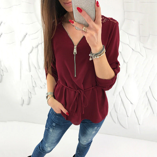 autumn sexy lace solid color long-sleeved V-neck zipper chiffon shirt top