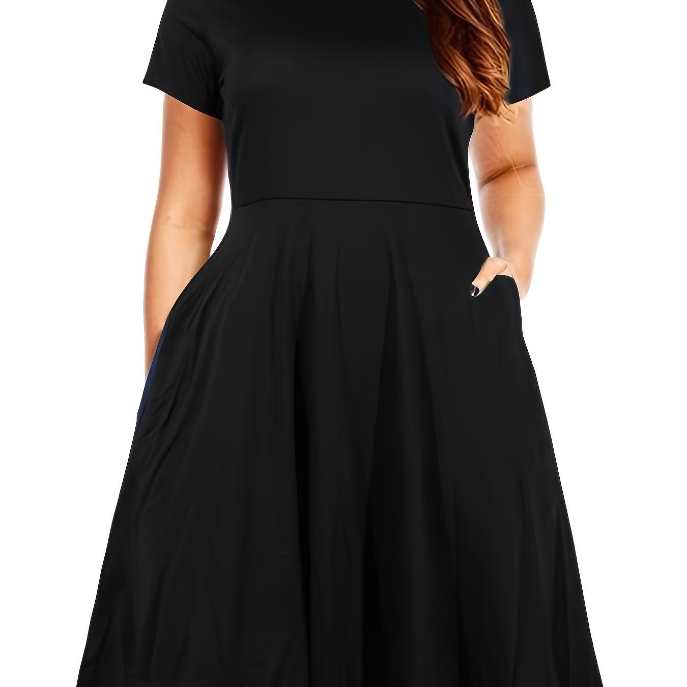 Plus Size Solid Short Sleeve Midi Dress With Pocket; Women's Plus Medium Stretch Fashion Midi Dress