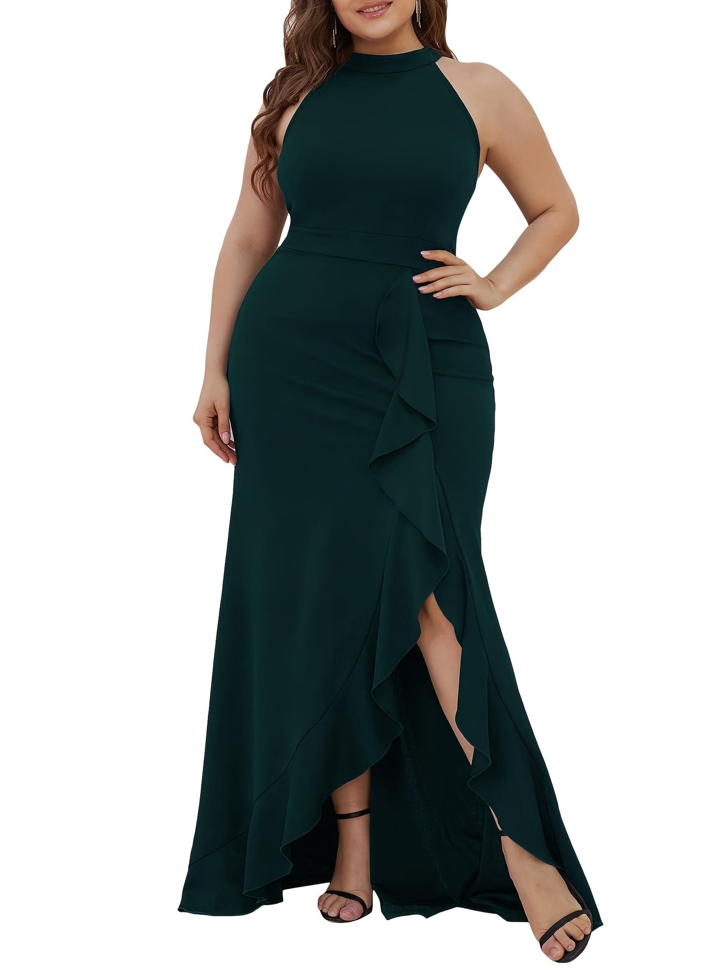 Plus Size Solid Ruffle Trim Split Hem Halter Neck Dress; Women's Plus Party; Events Elegant Maxi Prom Dress