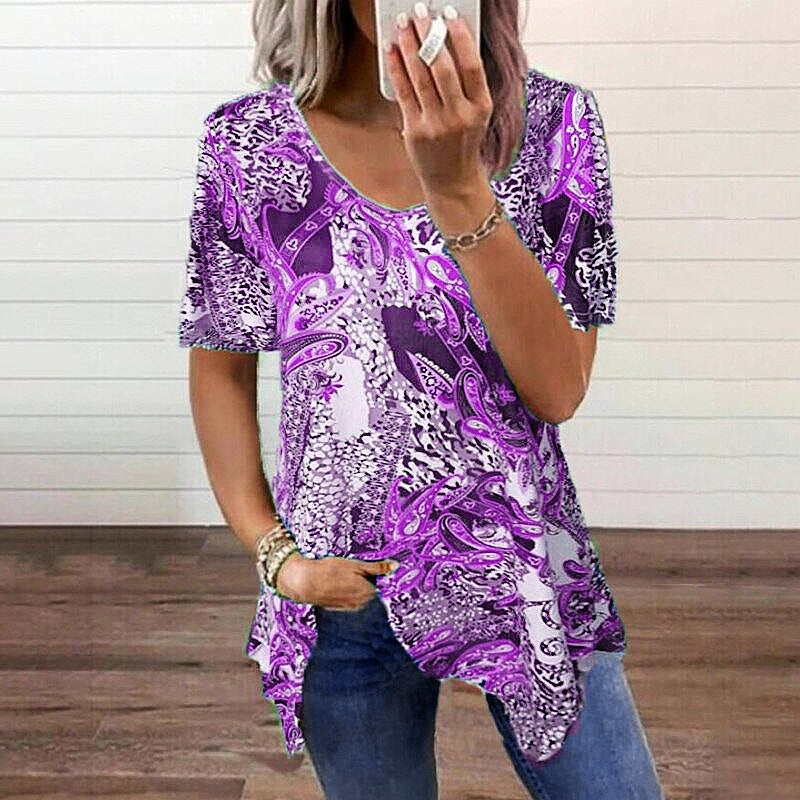 Fashion summer women's new T-shirt printing short-sleeved V-neck irregular plus size blouse