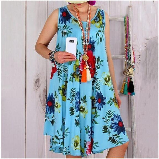 summer new women's loose thin round neck sleeveless long print dress