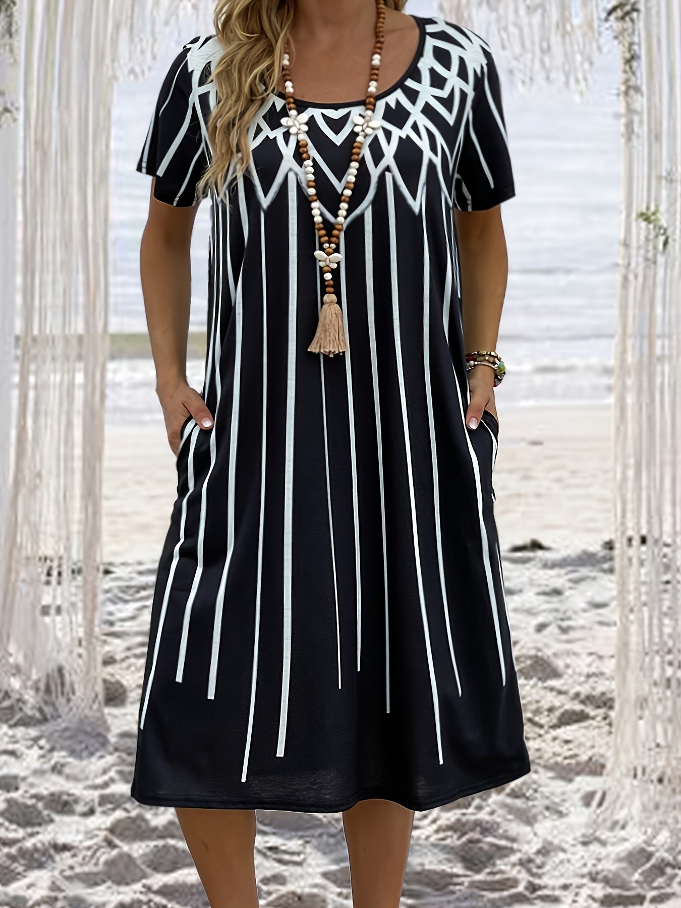 Plus Size Boho Dress; Women's Plus Geometric Print Short Sleeve Slight Stretch Tee Dress With Pockets