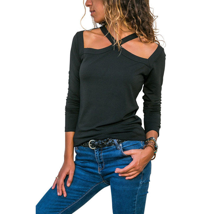 spring and summer new women's sexy hanging neck strapless long-sleeved T-shirt