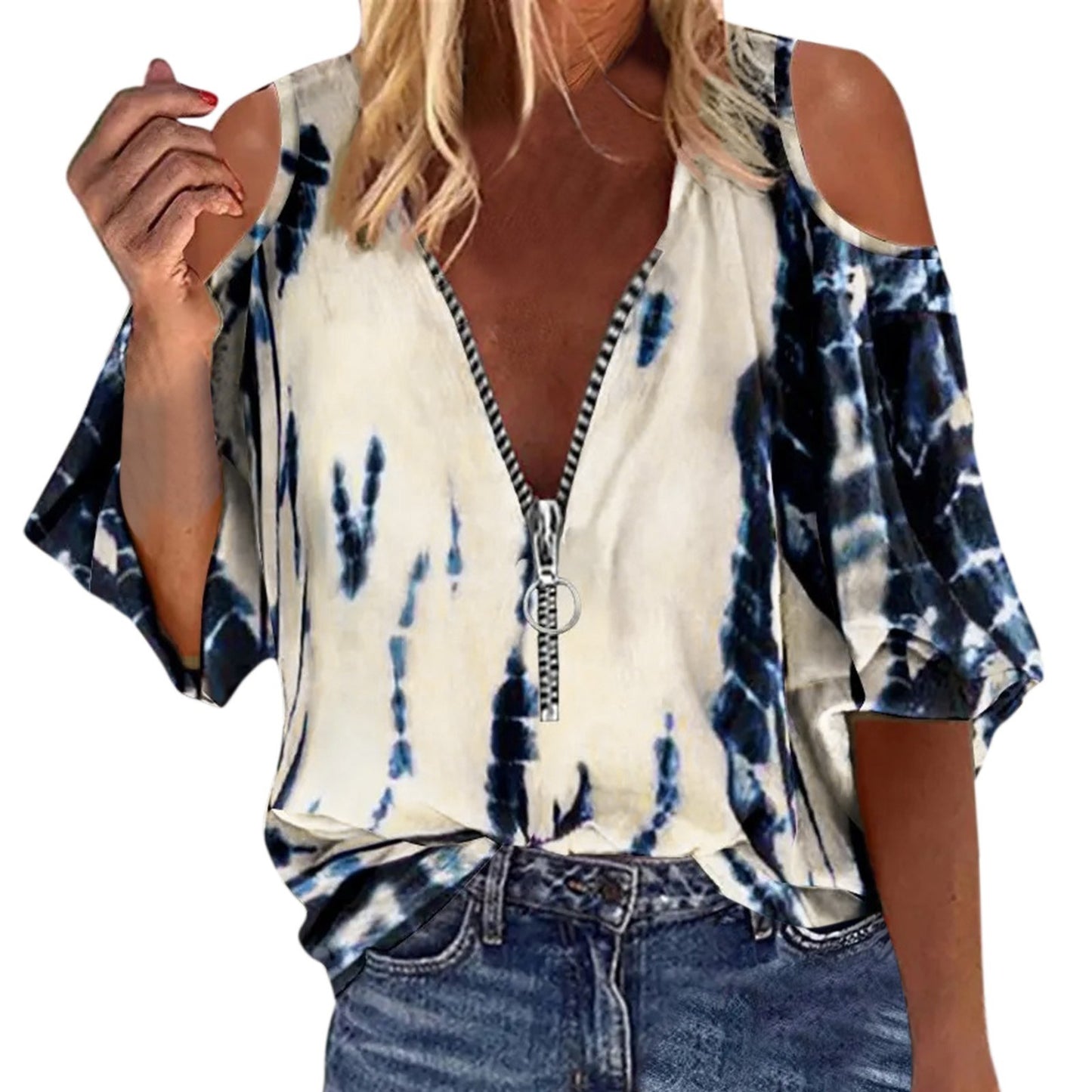 Elegant Off Shoulder Shirt Blouse Women Casual Letter Print V Neck Zipper Tops Patchwork Loose Shirt Top Long Sleeve Blouse