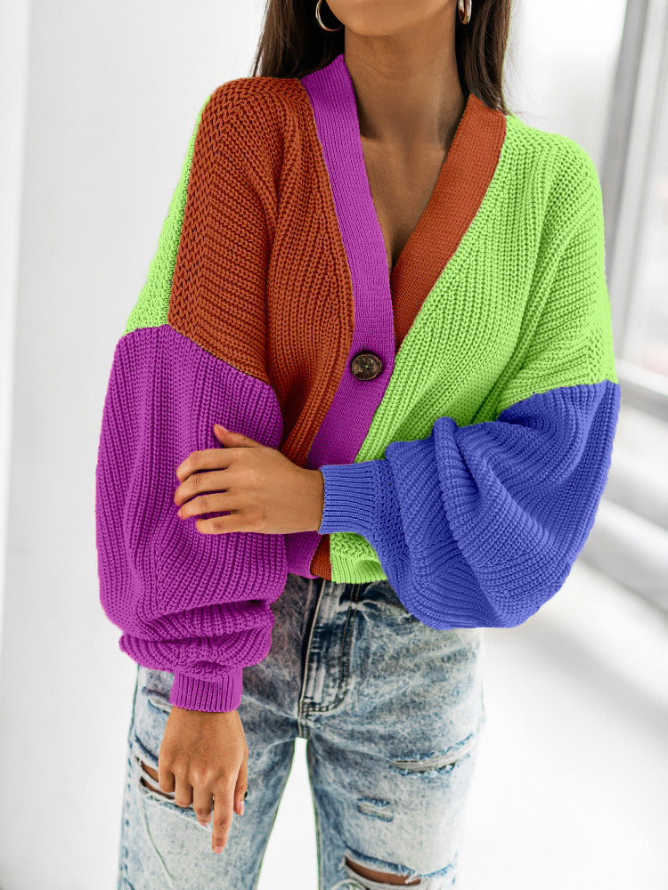 The New Winter Hot Sale Casual Color Matching Bright Women's Woolen Long-sleeved Cardigan