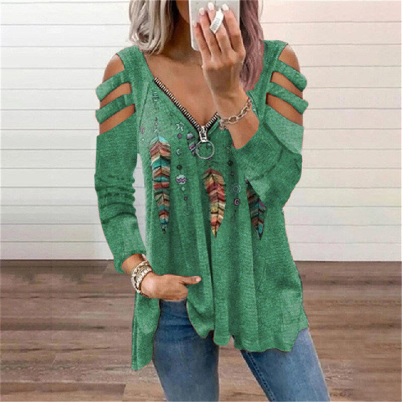 Fall/winter Women's Clothing Zipper Pull Print Long-sleeved Loose T-shirt Women's Top