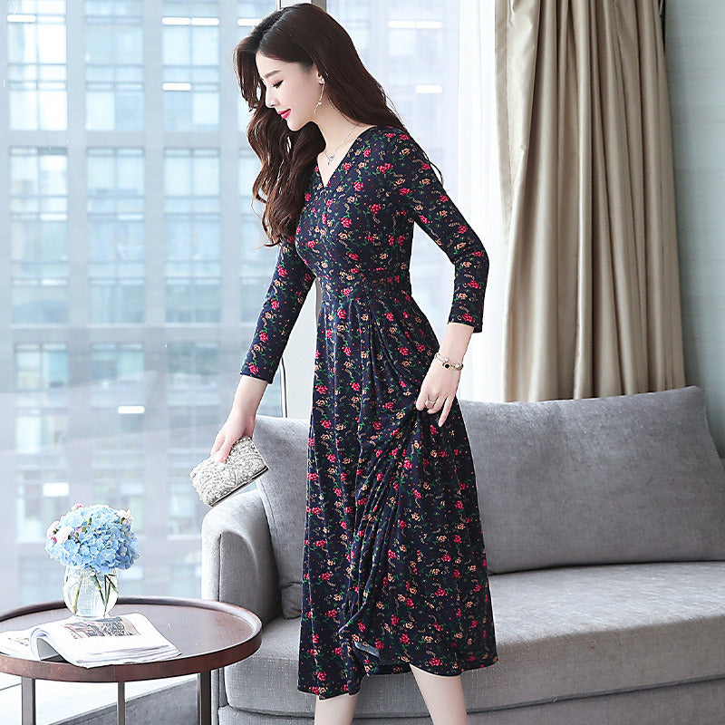 new women's V-neck slim slimming floral fashion wild long-sleeved temperament dress