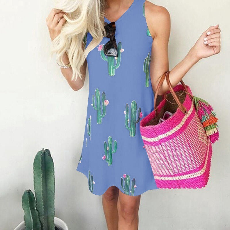 Women's Cactus Print Round Neck Sleeveless Tank Dress