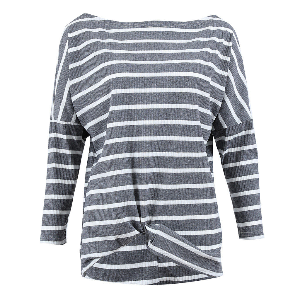 Autumn and Winter New European and American Loose T-shirt Striped Sexy Bat Sleeve Sweater Women