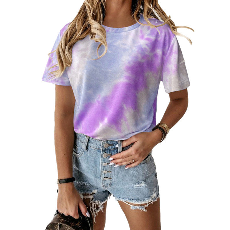 Summer Women's Fashion New T-shirt Loose Round Neck Short Sleeve Printed Tie-Dye T-Shirt Top