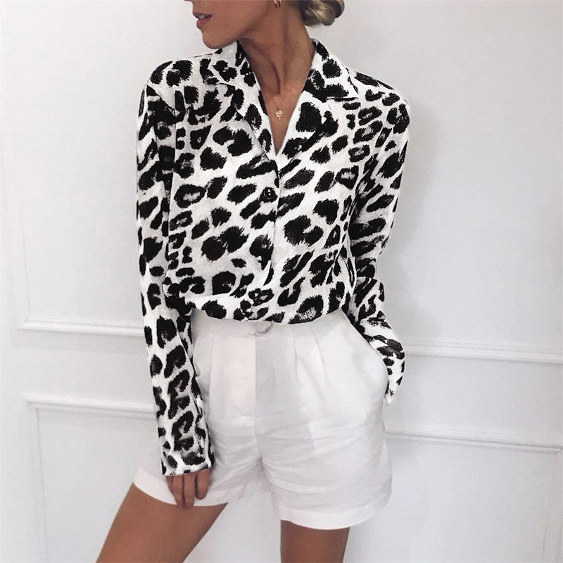 Europe and the United States spring and autumn new women's leopard print V-neck long-sleeved chiffon shirt women