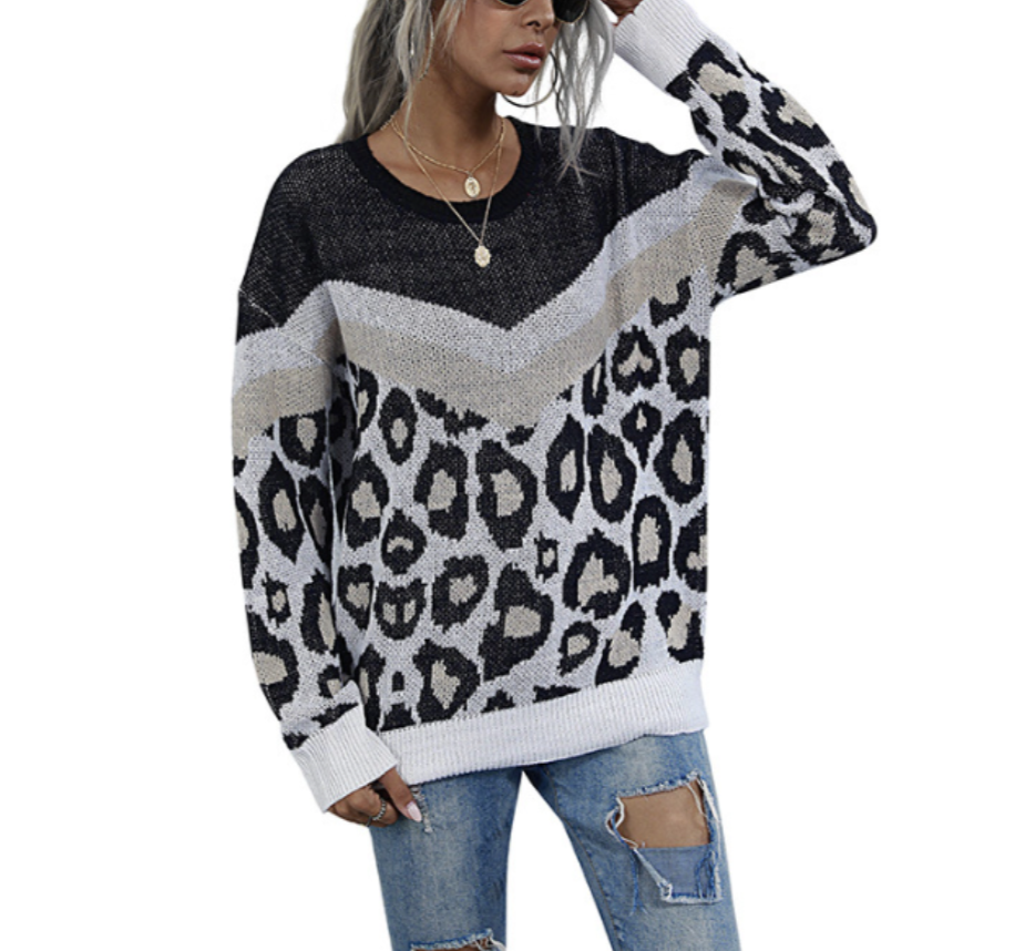 Womens Leopard Print Round Neck Sweater