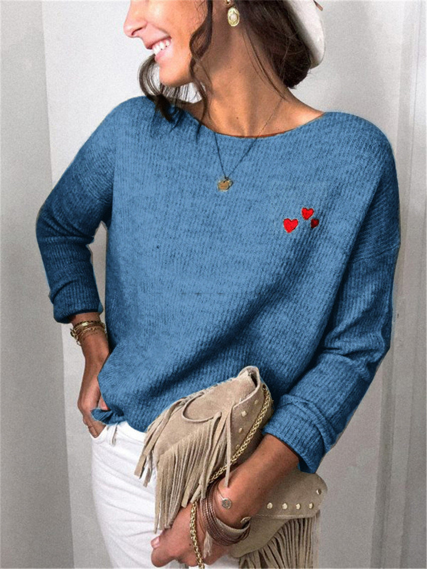 New Autumn and Winter Loose Solid Color Embroidery Love Long-sleeved Bottoming Shirt Round Neck Top Women