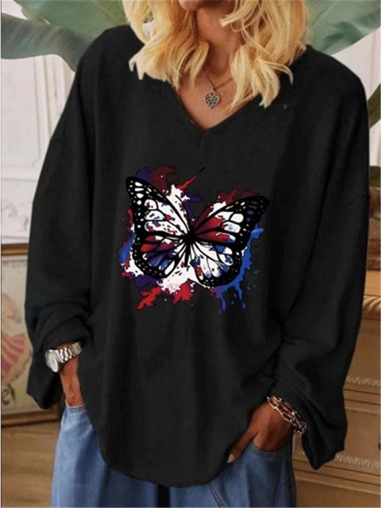 autumn and winter new women's butterfly print V-neck large size long-sleeved top