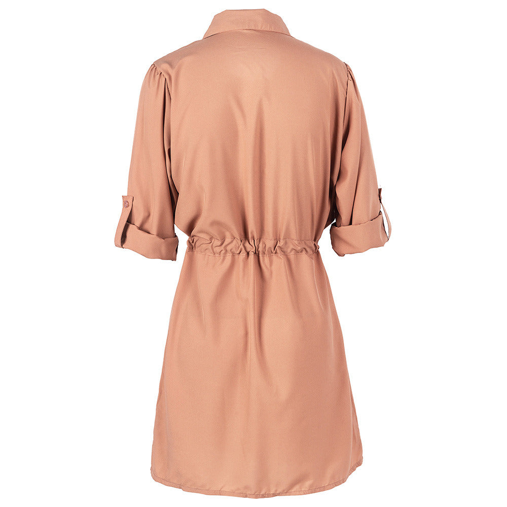 New Five-point Sleeve Shirt Dress Button Waist Bandage Shirt Dress