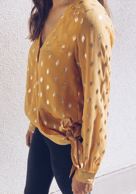 Loose Button Long Sleeve Polka Dot Print V-neck Strap Chiffon Shirt Women