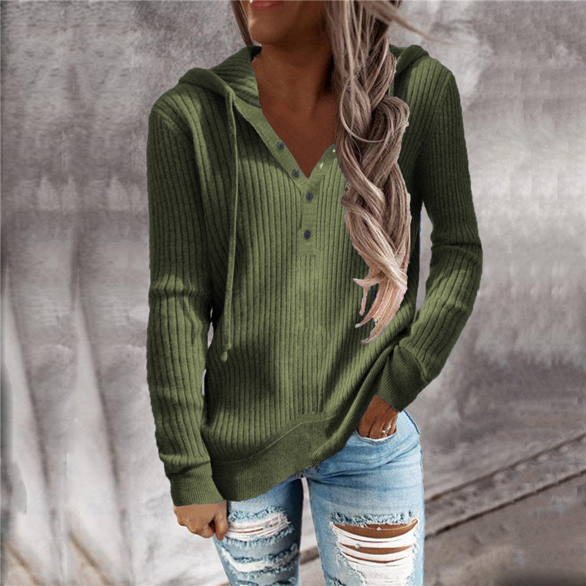 Autumn and Winter New Striped Casual Hooded Sweater Loose Knit Sweater Open Collar Long-sleeved Sweater Women