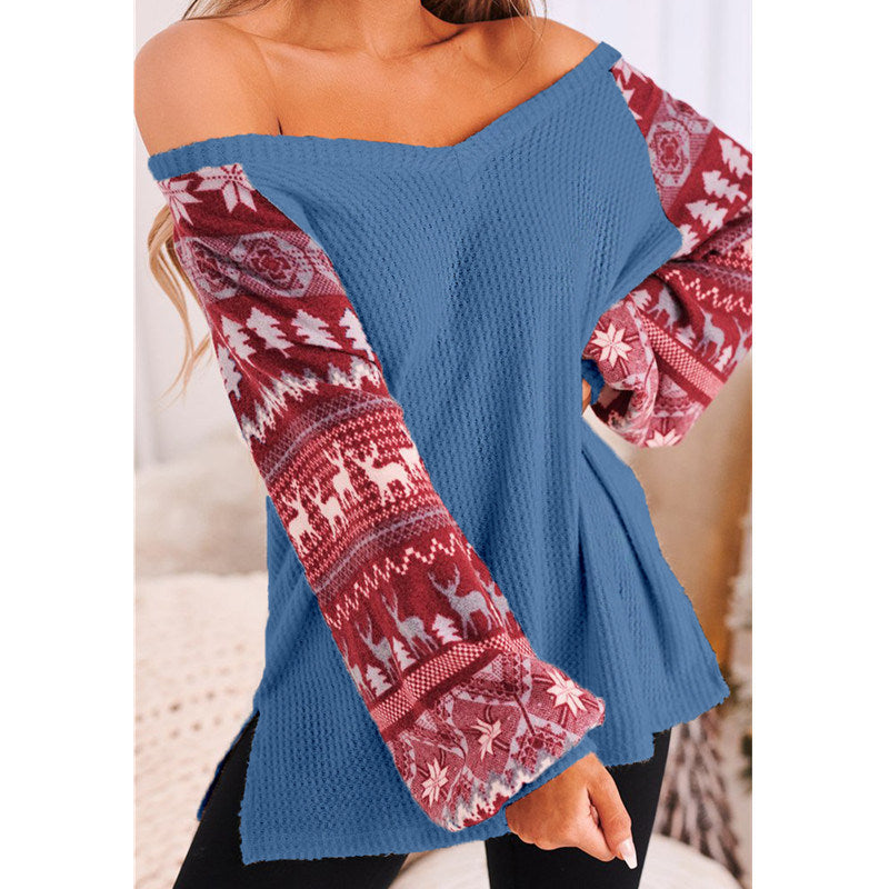 Winter Christmas New Ladies V-neck Side Slit Knitted Christmas Print Lantern Sleeve Sweater